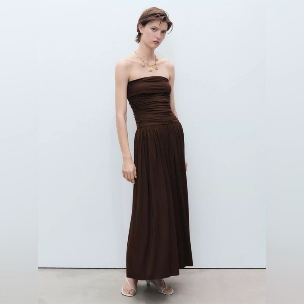 Mango combined strapless dress brown chocolate xs